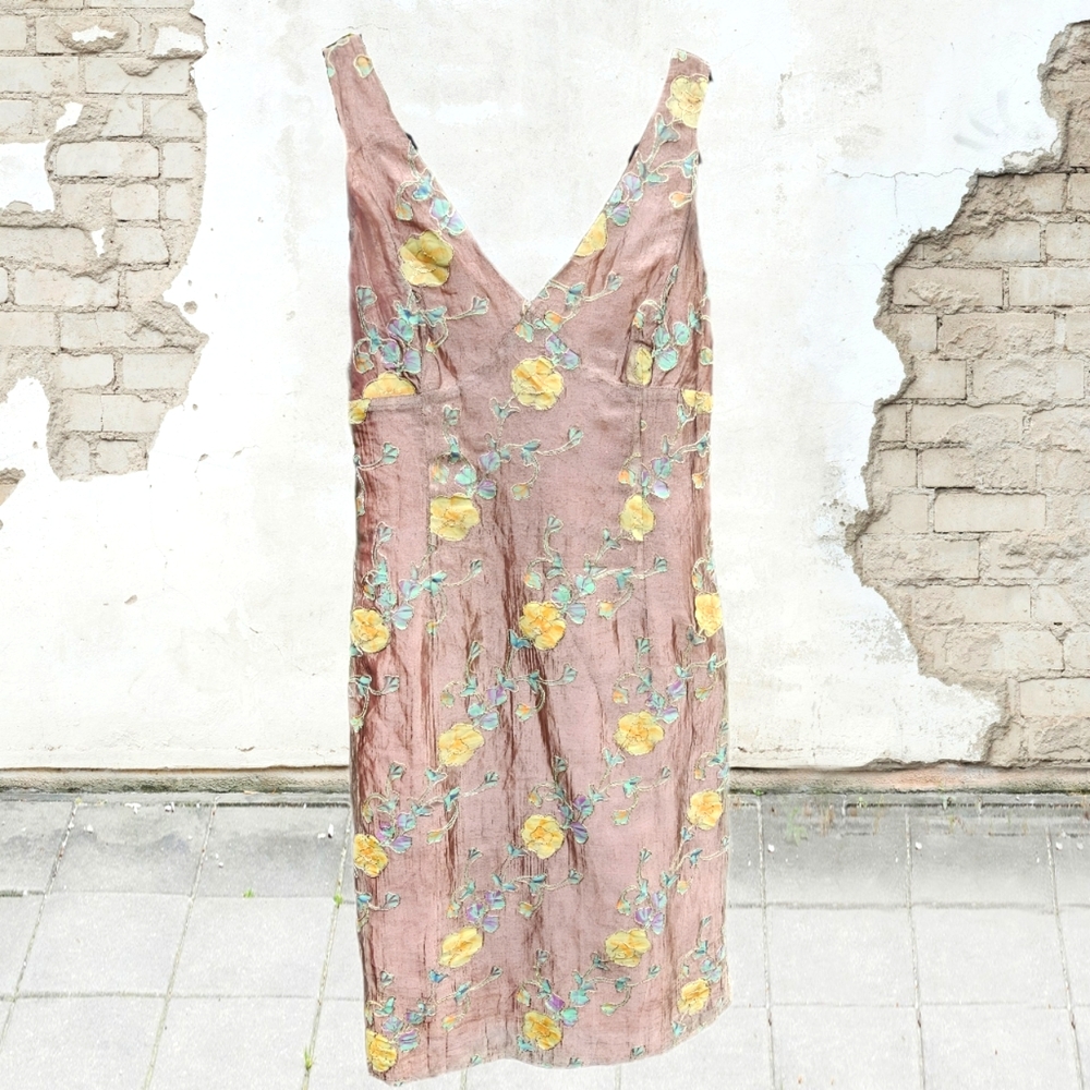 Vintage Cynthia Rowley shimmer hand-painted floral dress - EUC!!